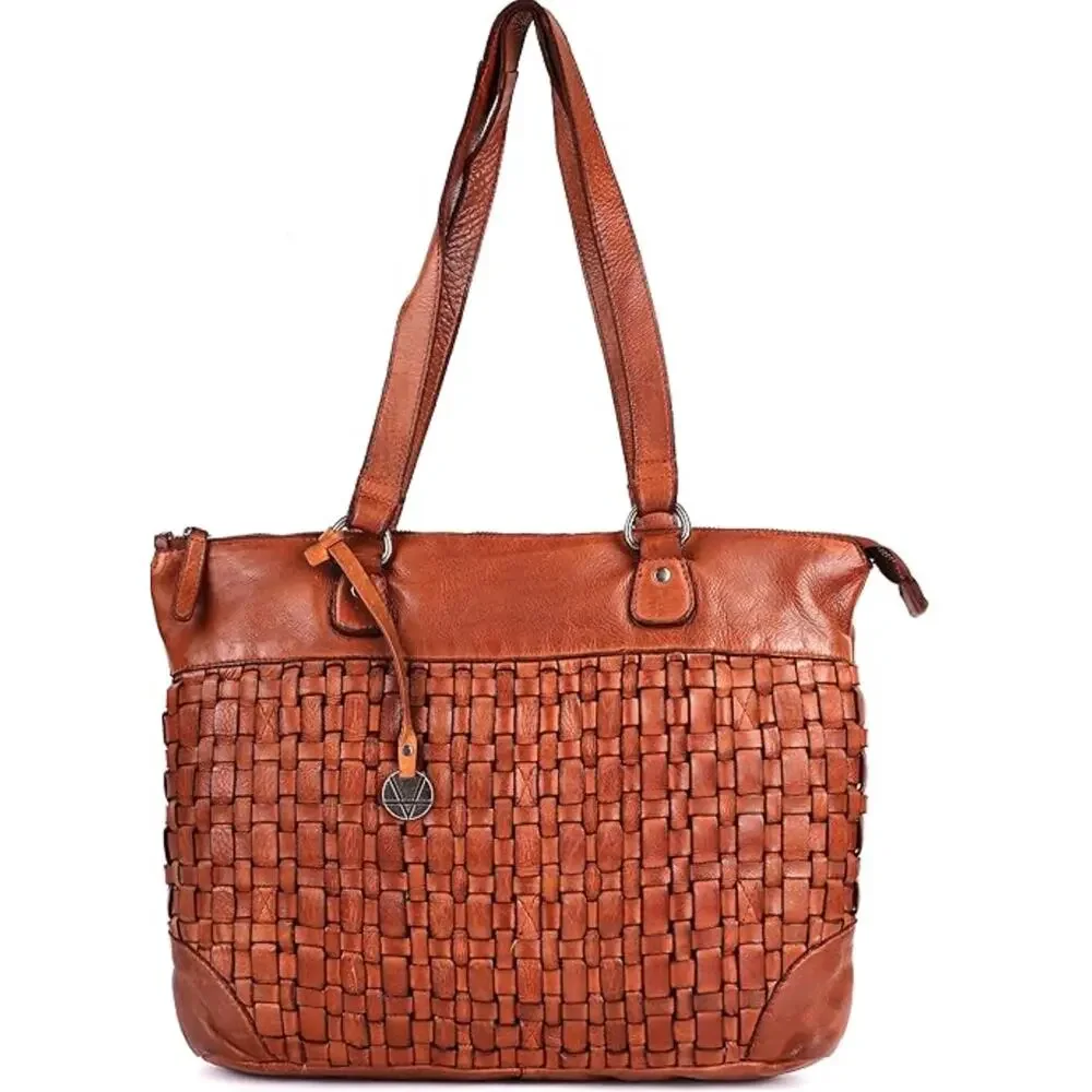Anthropologie Vilenca Holland Woven Leather Work Tote Bag Cognac Laptop Sleeve - Picture 6 of 7